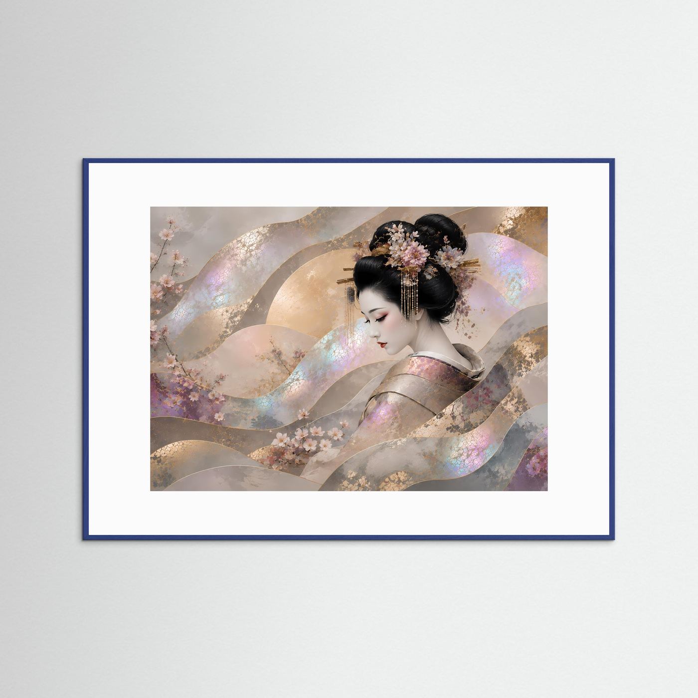 Japanische Wandkunst mit Geisha und Kirschblüten, blauer Rahmen, weißes Passepartout