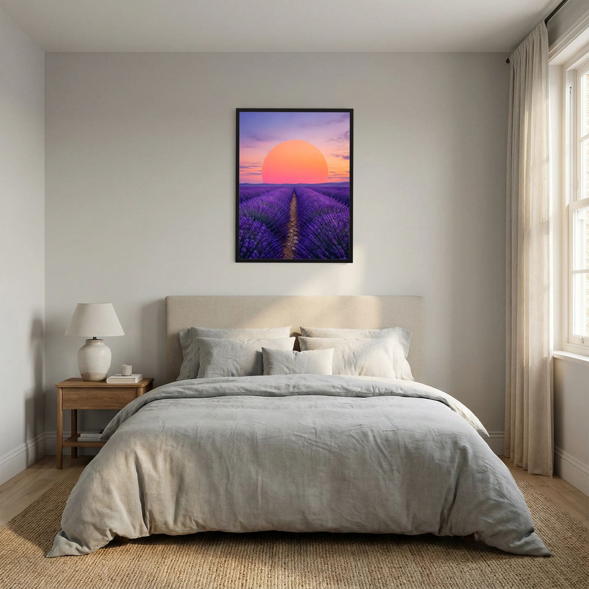 Schwarz gerahmtes Hochformat-Poster mit violettem Lavendelfeld und großer orange Sonne am Horizont