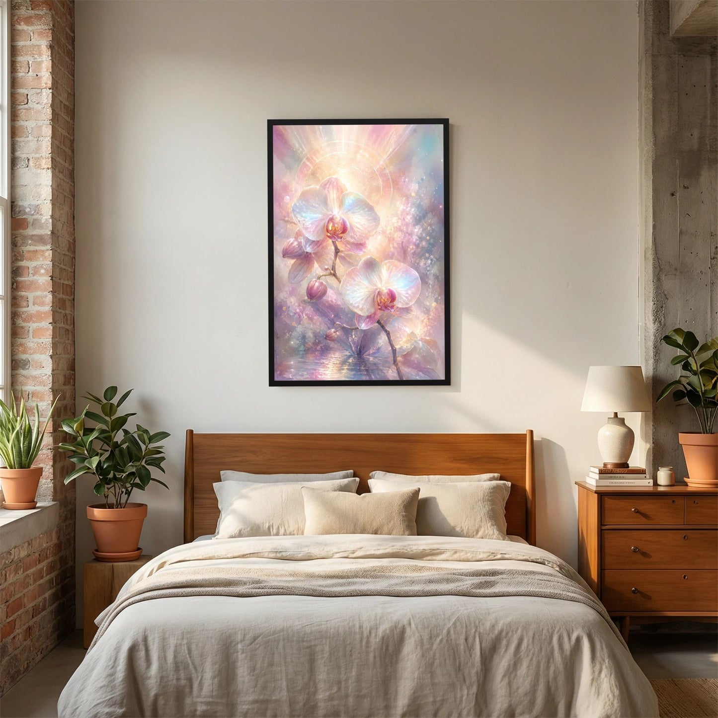 Orchideen-Pastellposter mit Rahmen in Schwarz, zentrale Blüte und weitere Orchideen