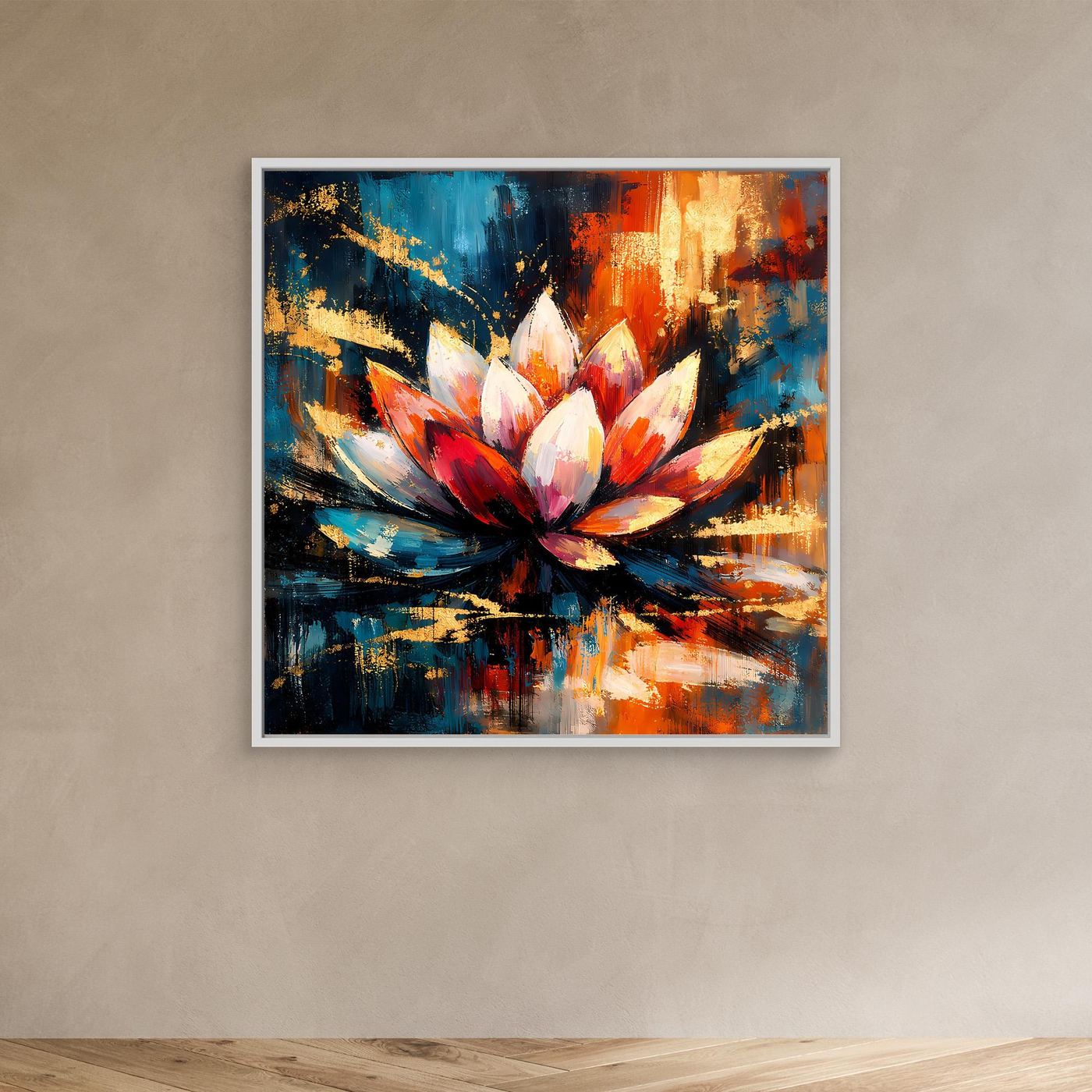 Leinwandbild mit abstrakter Lotusblüte in Blau, Rot und Gold mit weißem Rahmen