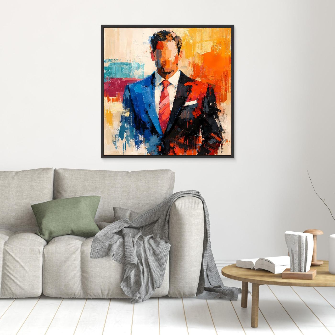 Business wall art print showing an elegant man in a blue suit with orange and teal abstract colors, black frame.