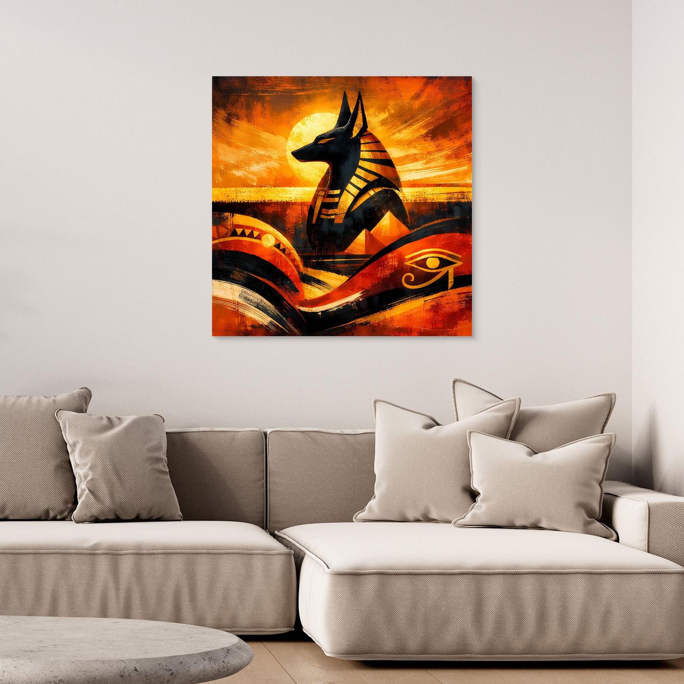Leinwand-Wandbild mit schwarzem Anubis vor abstrakter Wüstenlandschaft, schwarzer Rahmen