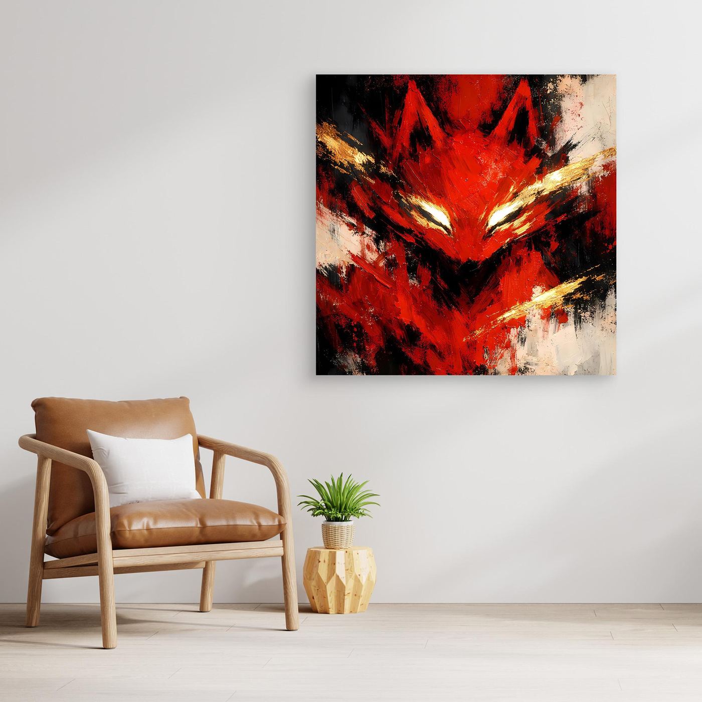 Leinwand Mystischer Kitsune Fuchs in Rot | Abstraktes Japanisches Mythologie Wandbild