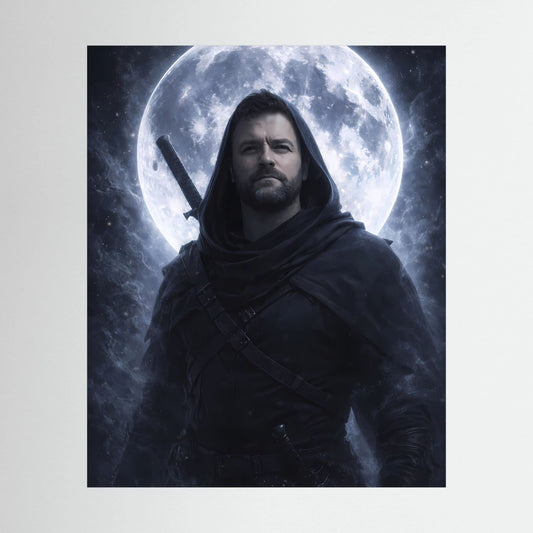 Fantasy-Poster: Kapuzenkrieger mit Schwert vor großem leuchtendem Mond