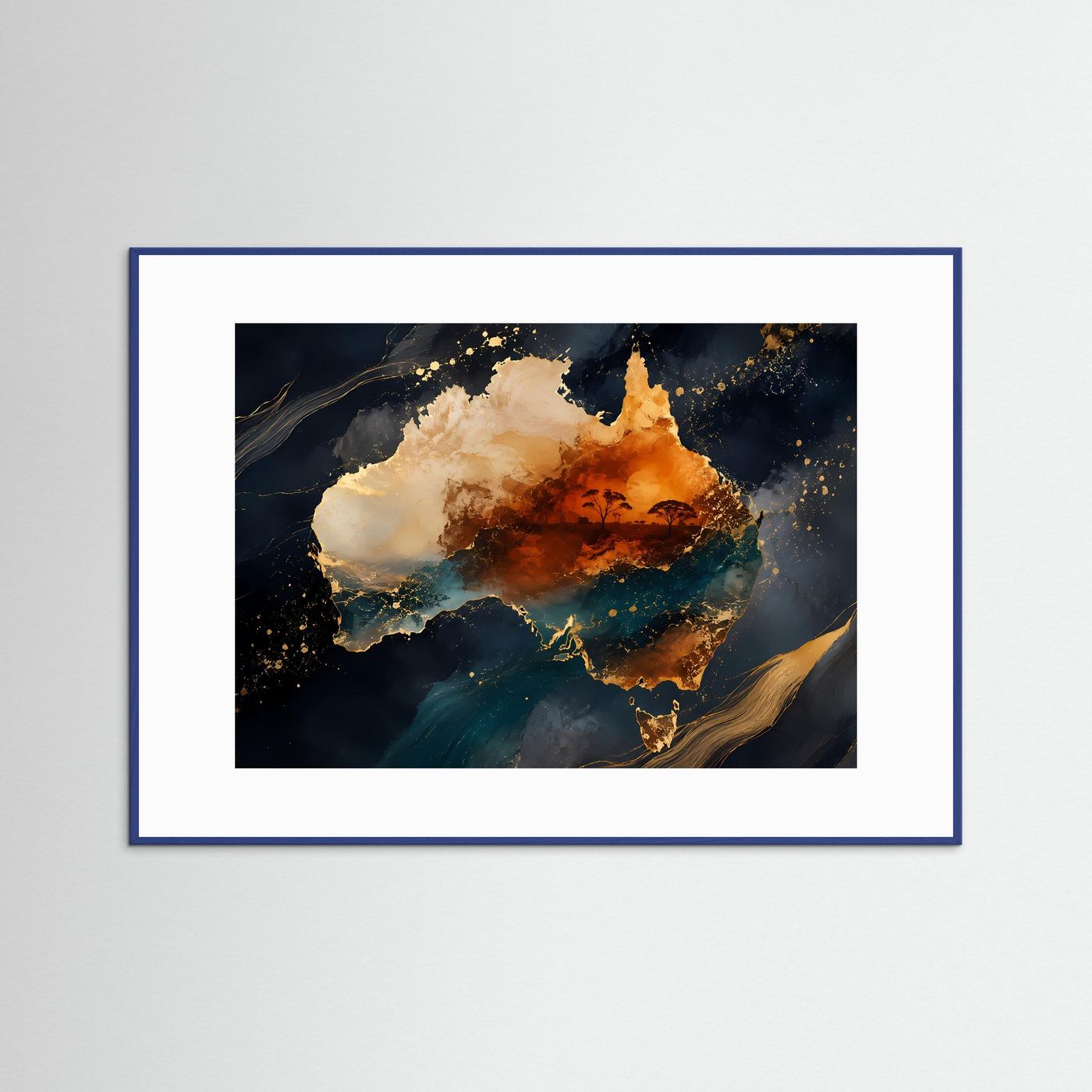 Kunstdruck im Querformat mit blauem Rahmen, abstrakte Gold-Orange- und Blautöne