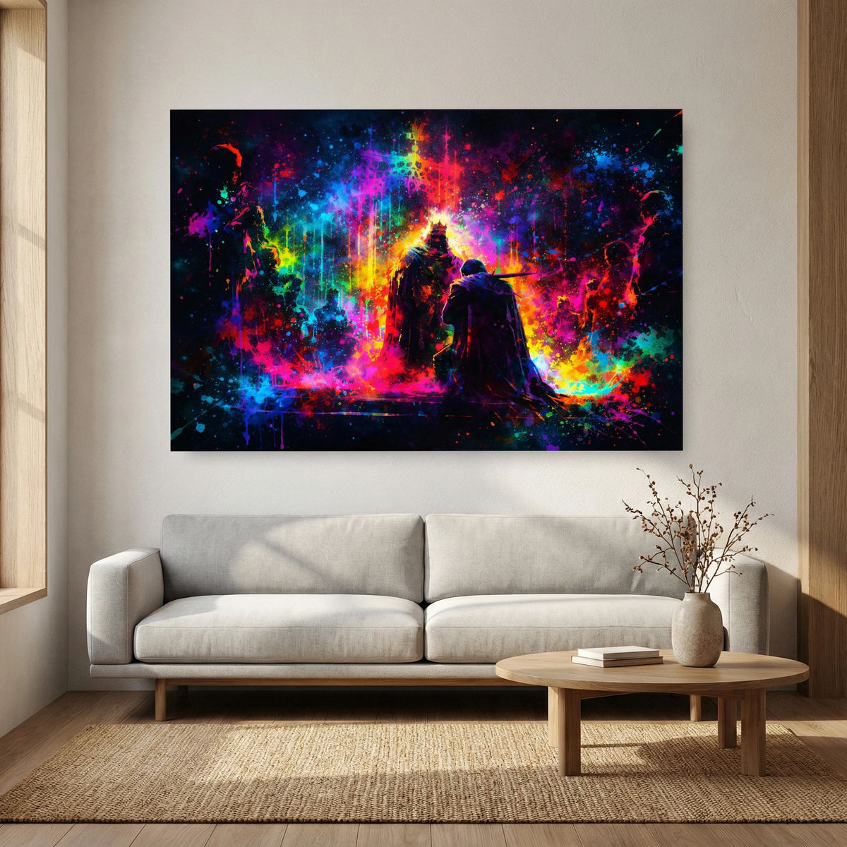 Wandbild mit schwarzem Rahmen, König im bunt gesprenkelten Licht, Querformat