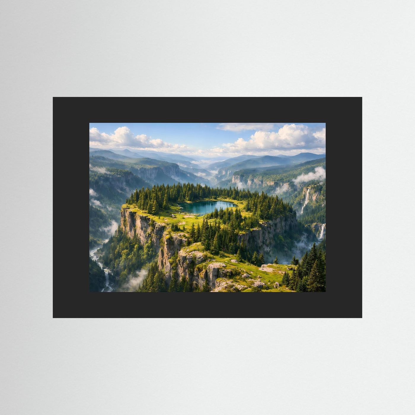 Wandbild-Poster mit Bergsee-Landschaft und schwarzem Rahmen