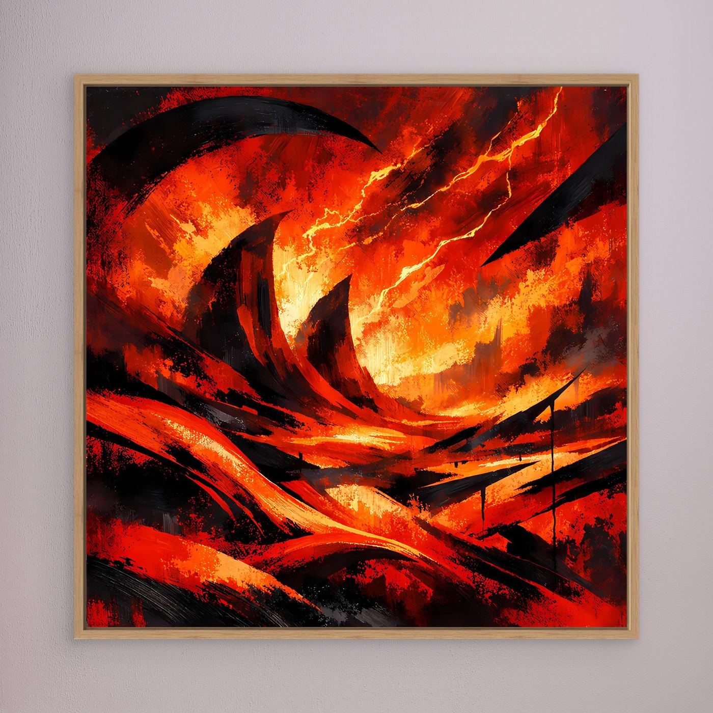 Wandbild auf Leinwand mit abstrakter Lava und Blitzen, Holzrahmen