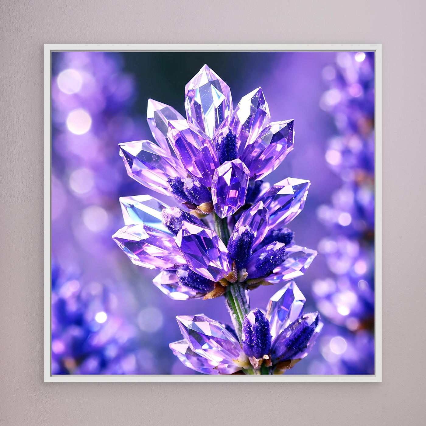 Leinwandbild mit violettem Kristallblütenmotiv, weißer Rahmen