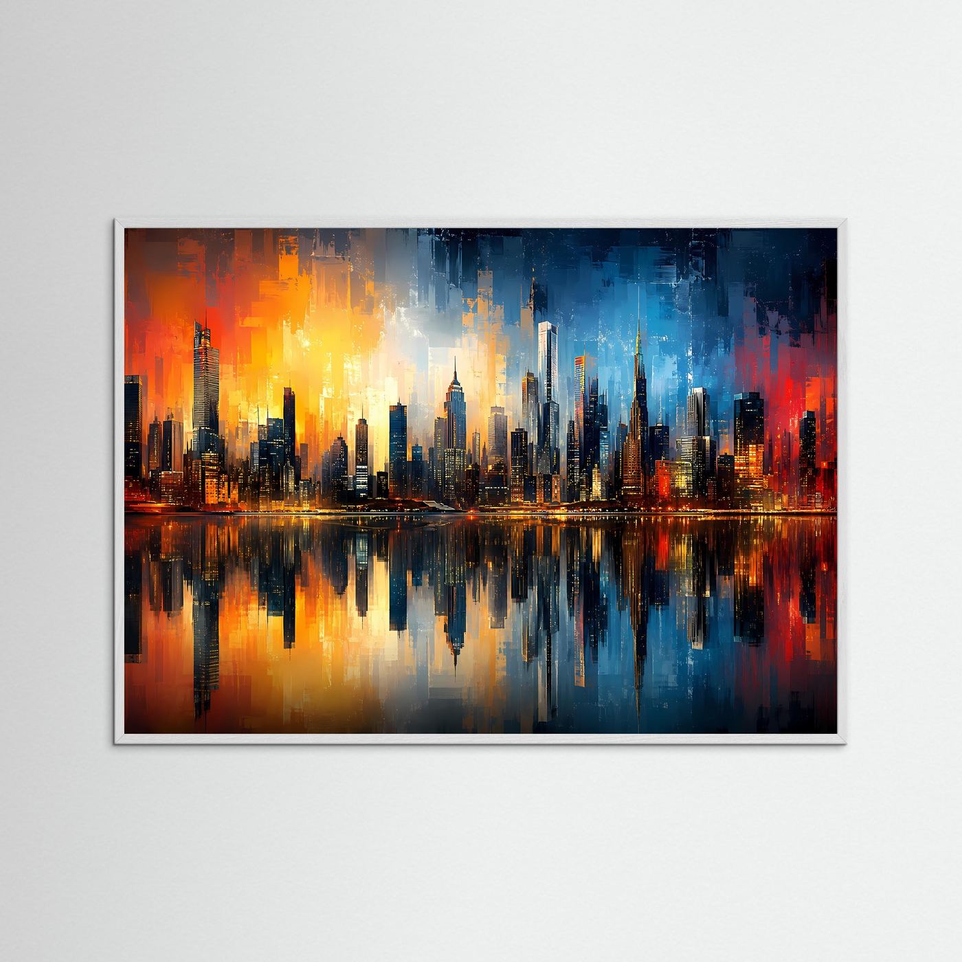 Abstrakte Skyline in Blau & Gold | Moderne City Panorama Kunst Poster Querformat