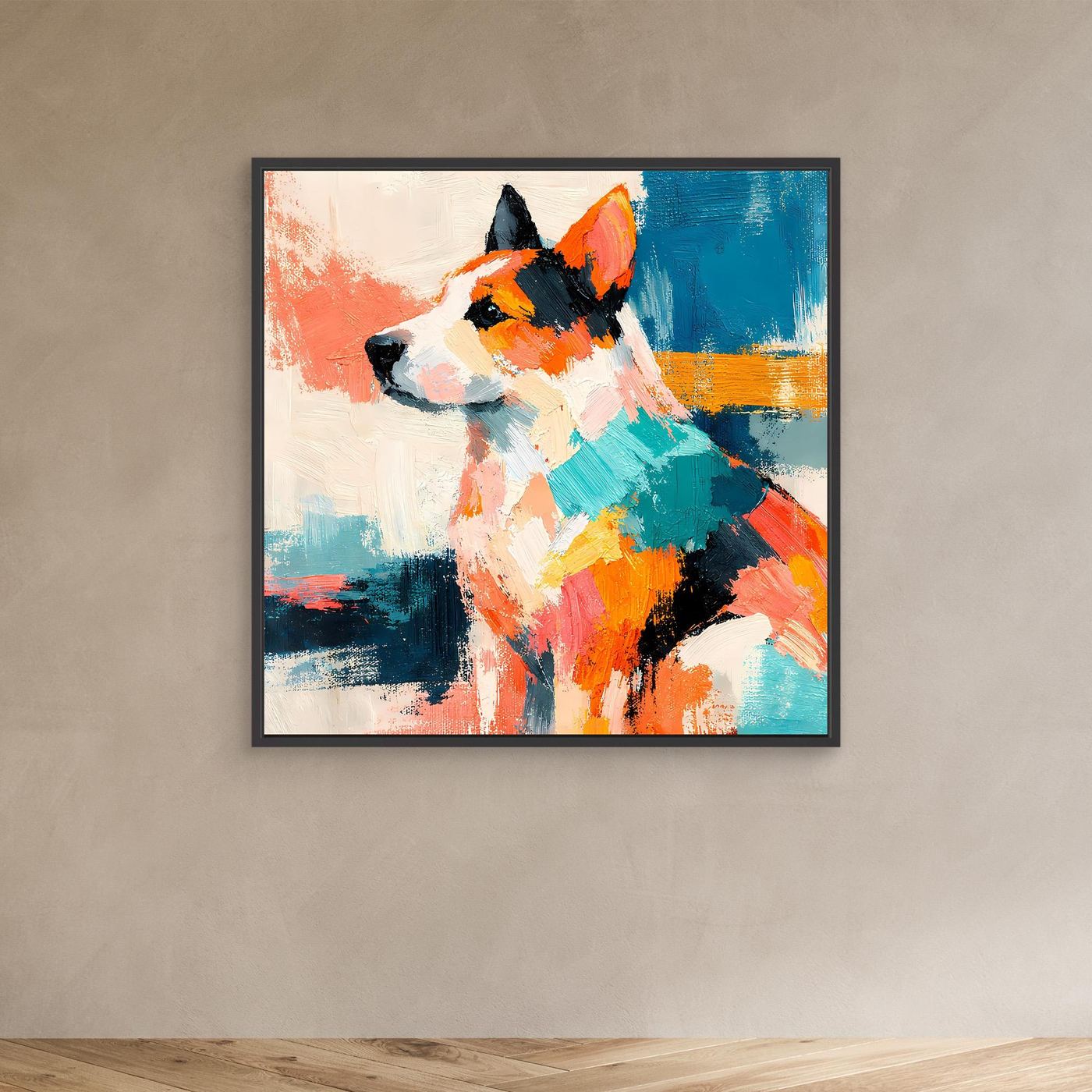 Leinwand-Wandbild mit abstraktem Hund im Pop-Art-Stil, dunkler Rahmen