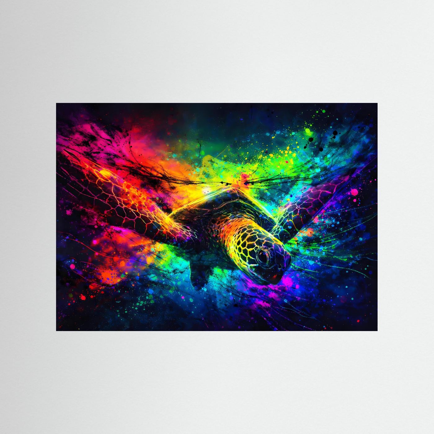 Neon Meeresschildkröten-Poster mit schwarzem Rahmen, Querformat