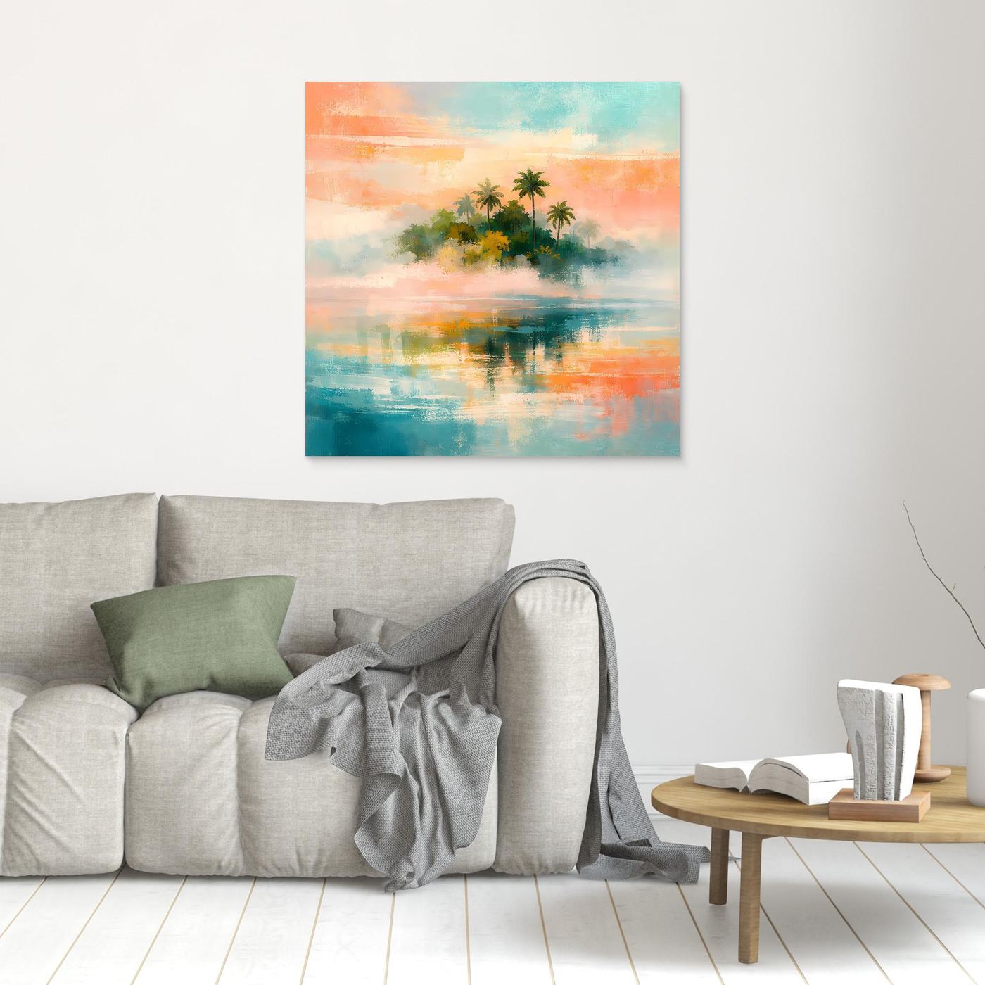 Abstraktes Leinwand-Wandbild mit Palmen und Meer in Pastellfarben, klein