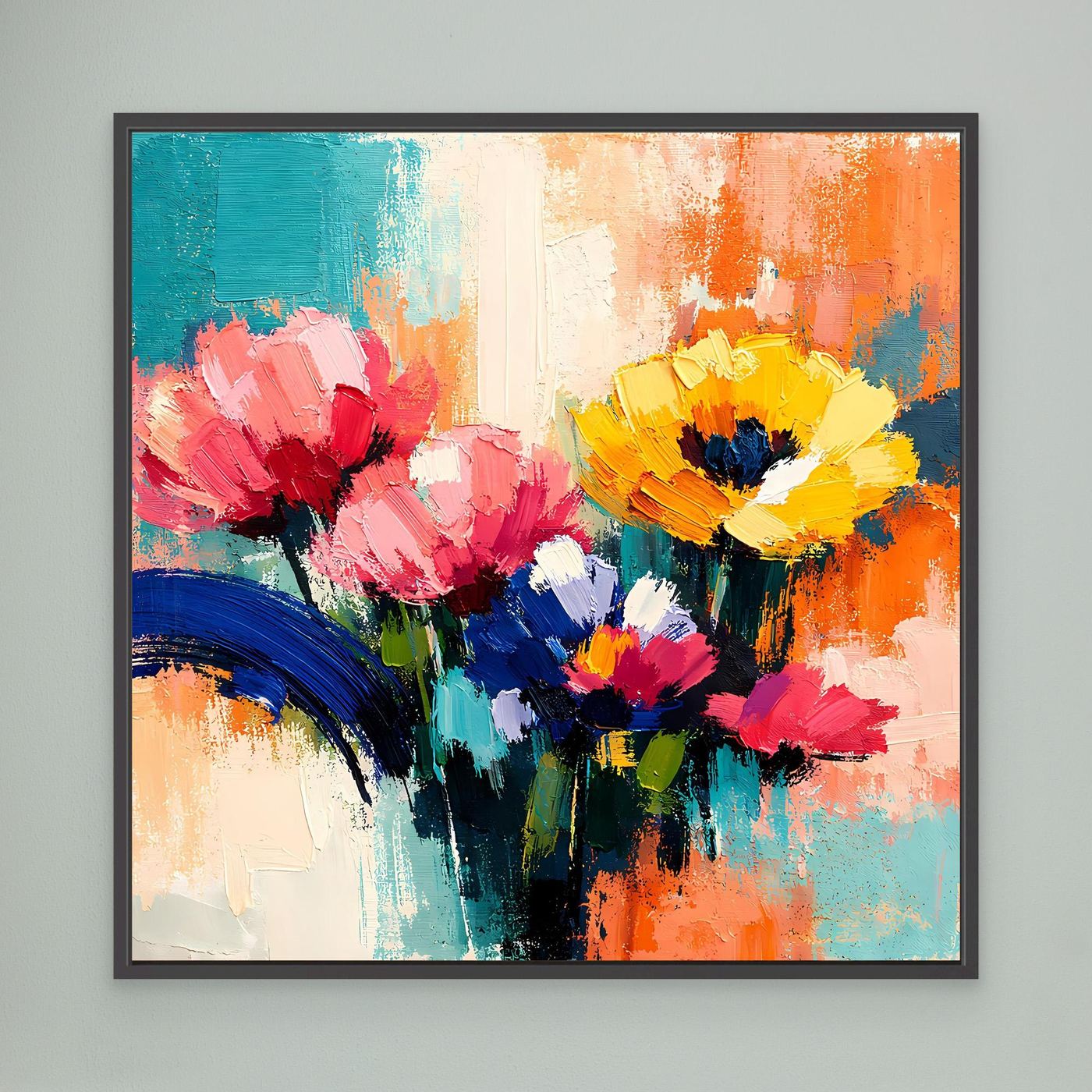 Leinwandbild mit abstrakten Sommerblumen in Pink, Gelb, Blau und Türkis, schwarz gerahmt