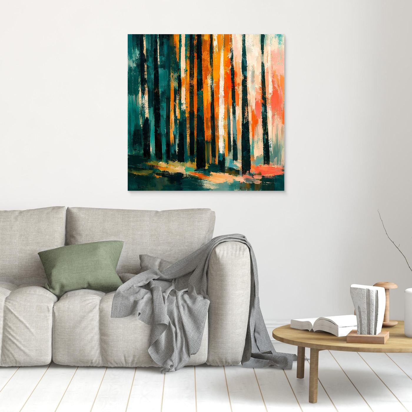Abstraktes Birkenwald-Wandbild, türkis-orange Baumstämme, ohne sichtbaren Rahmen