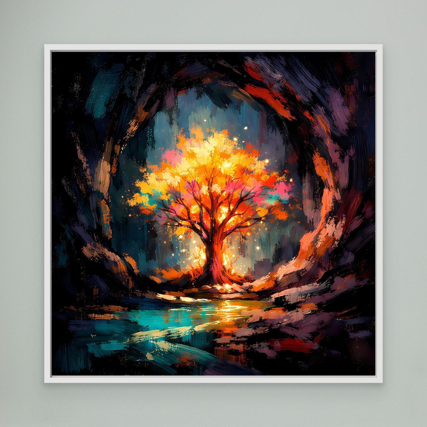 Abstract tree wall art with glowing orange canopy and blue tones, white-framed square canvas
