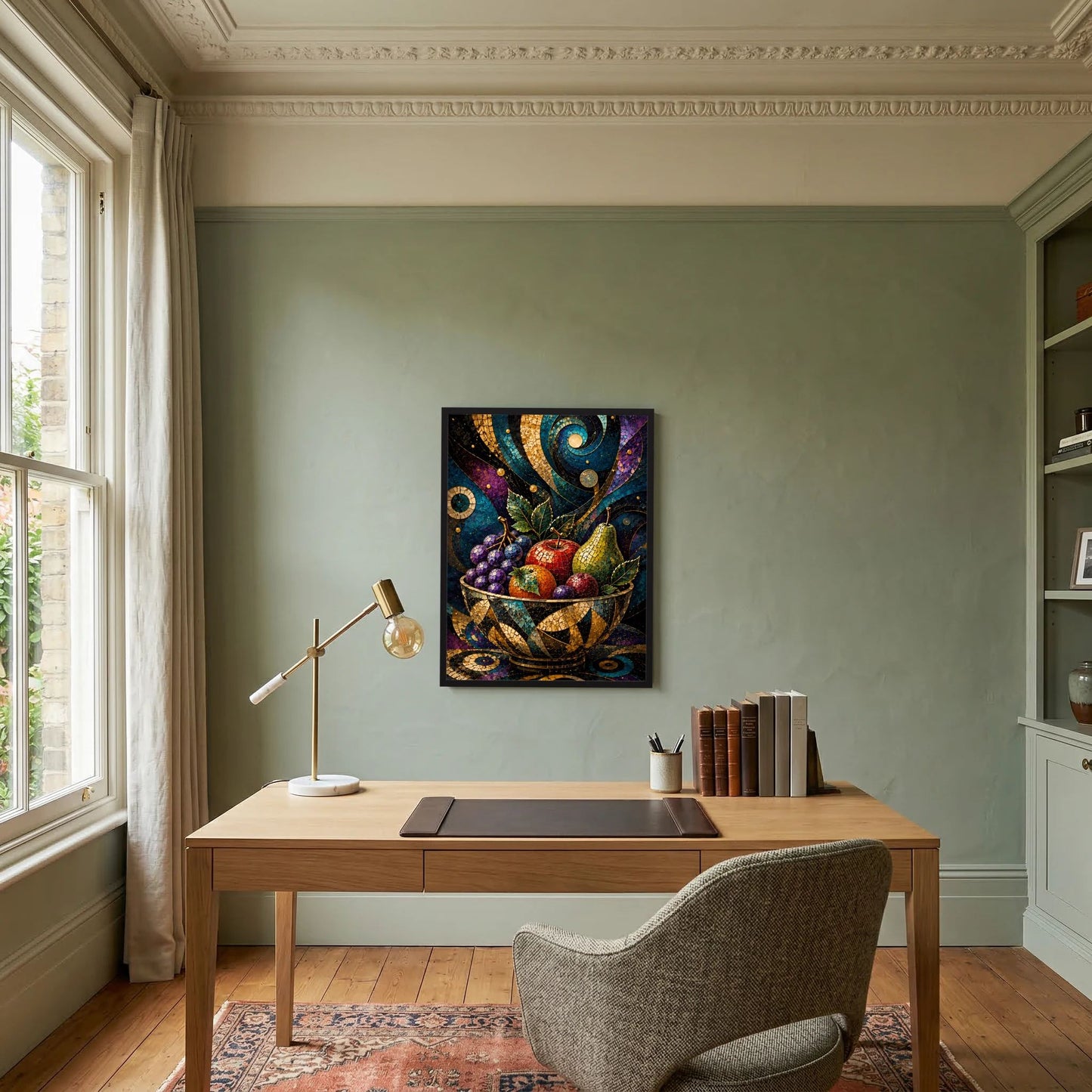 Hochformat-Poster: buntes Mosaik mit Obstschale und goldenen Mustern