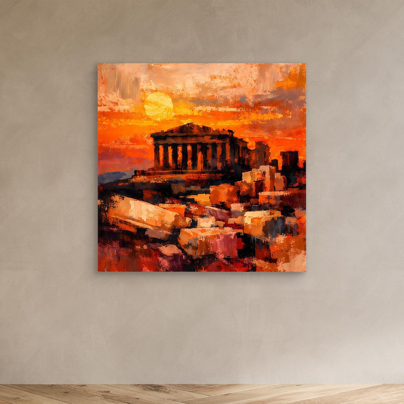 Leinwandbild Akropolis-Szene im orangefarbenen Sonnenuntergang, quadratisch, mit Rahmen