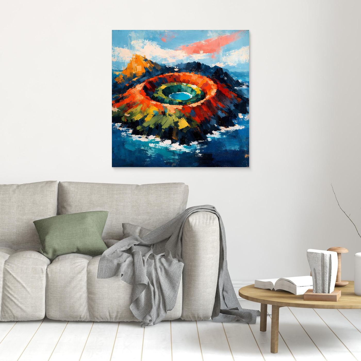 Kleines gerahmtes Leinwandbild mit Vulkankrater im Meer, blau-orange Farbspirale.
