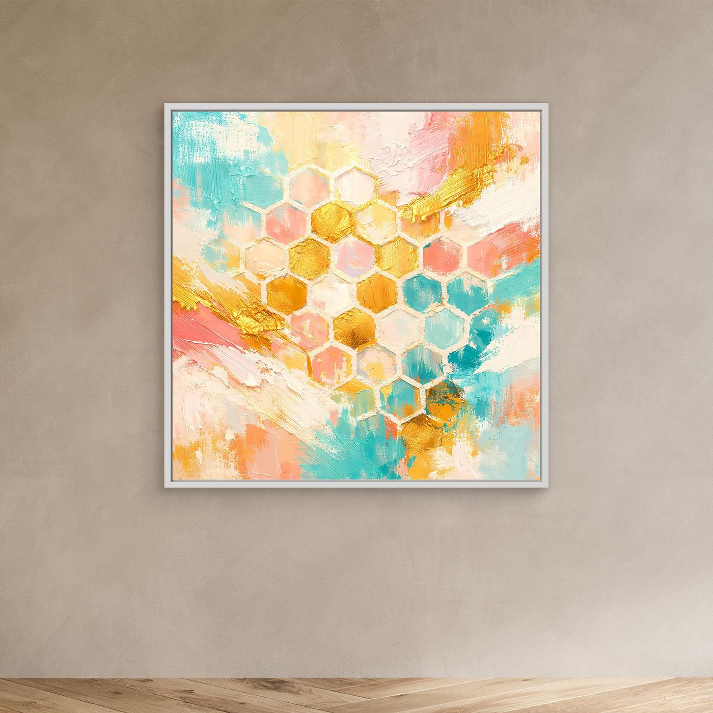 Leinwandbild mit Bienenwaben-Muster in Pastellfarben, mit hellem Rahmen