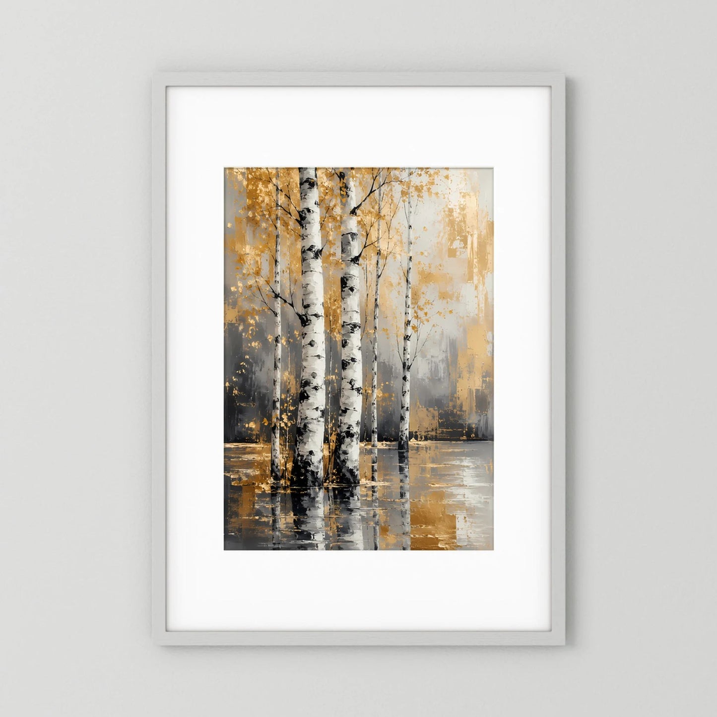 Gerahmtes Poster mit abstrakten Birken in Weiß und Gold, Spiegelung im Wasser
