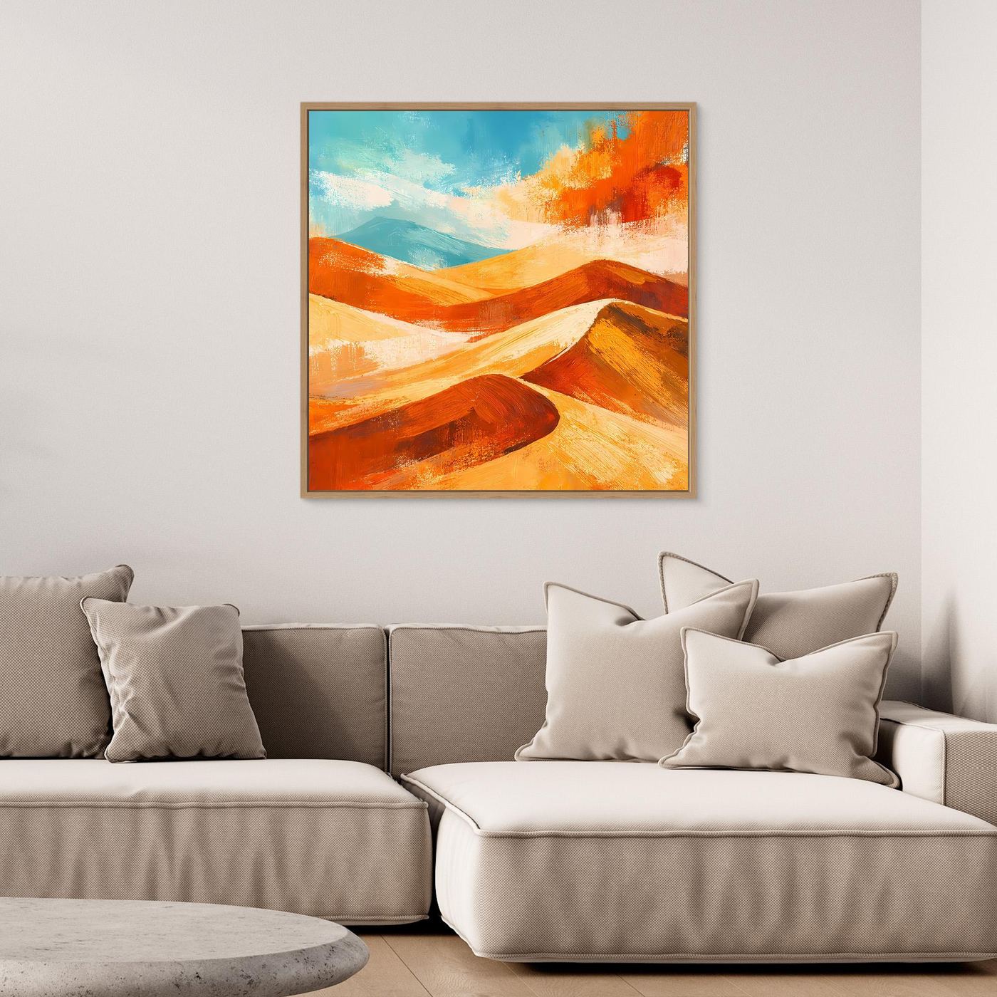 Abstract desert landscape canvas wall art in orange and gold dunes with a dark frame
