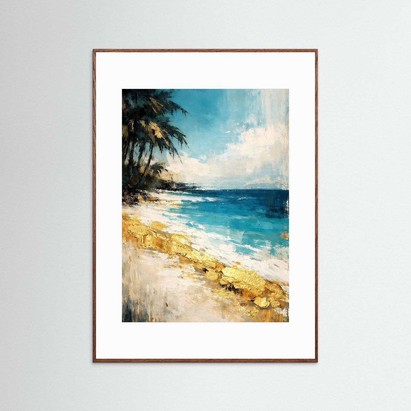 Abstraktes Strand-Kunstposter im Hochformat: türkisblaues Meer, goldene Strandkante, dunkler Rahmen