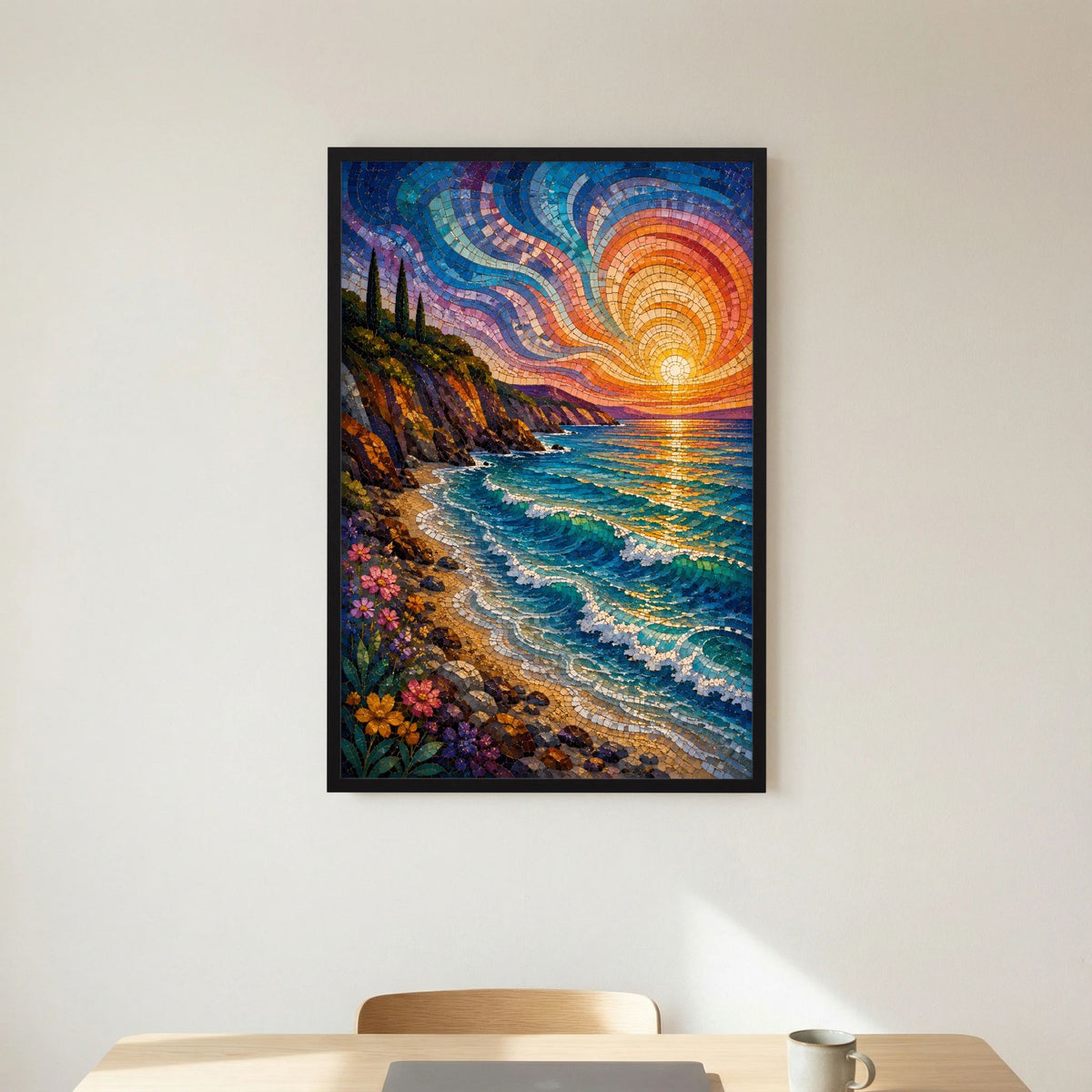 Mediterrane Küste im Mosaikstil | Sonnenuntergang am türkisblauen Meer | Poster Hochformat