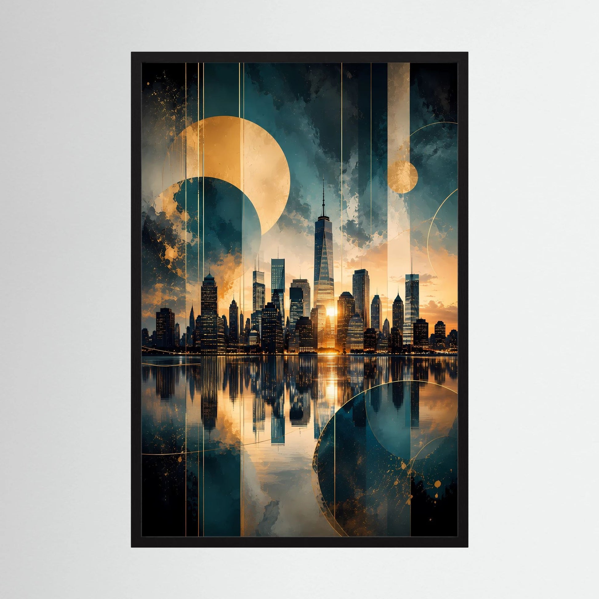 Poster im Hochformat mit abstrakter Skyline in Gold und Petrol, schwarzer Rahmen