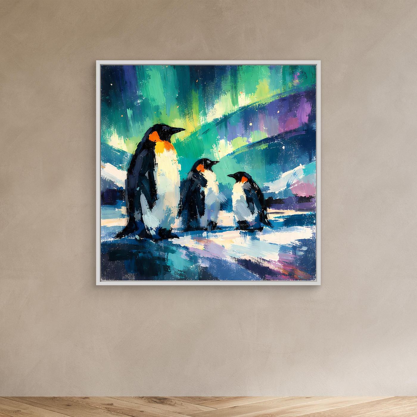 Leinwand Majestätische Pinguine unter Polarlichtern | Abstraktes Antarktis & Nordlicht Wandbild