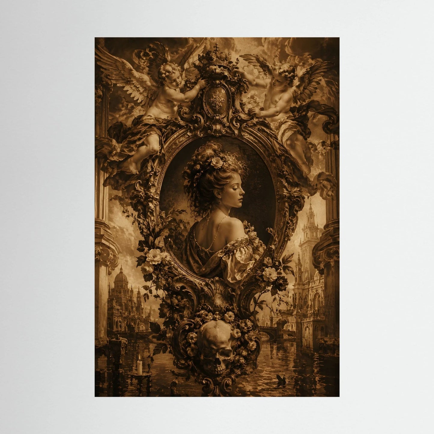 Hochformatiges Barockposter mit Frau im Oval, umgeben von Engeln und Ornamenten