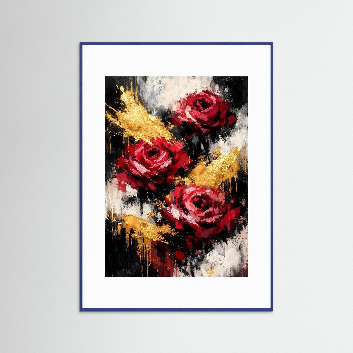 Wandbild mit abstrakten roten Rosen und goldenen Akzenten, blau gerahmt