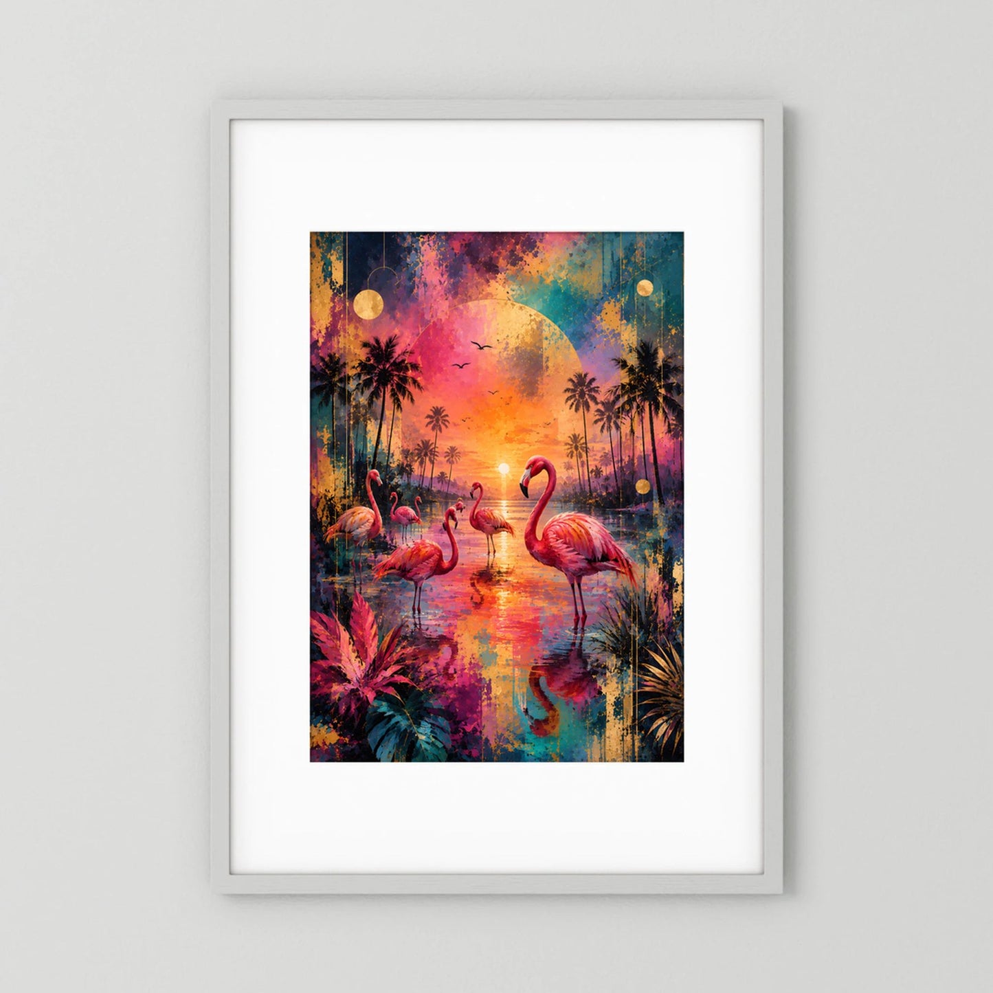 Vertikales Poster mit bunten Flamingos und Palmen in tropischem Sonnenuntergang