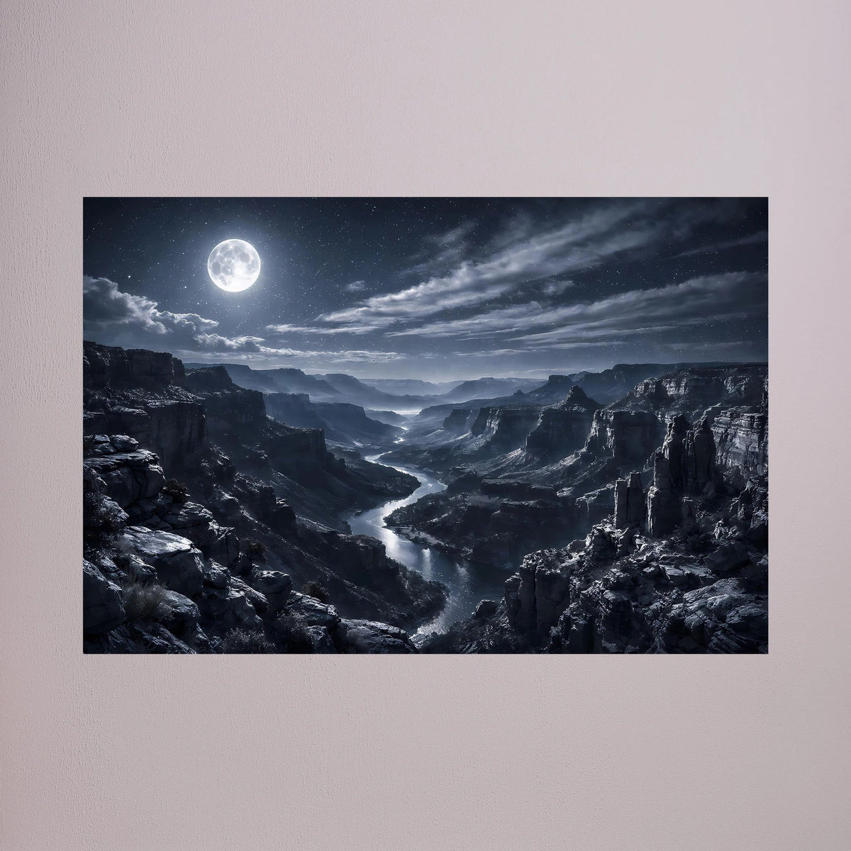 Wandposter querformat mit Mond über Canyon, nächtliche Schluchtlandschaft, dunkler Rahmen
