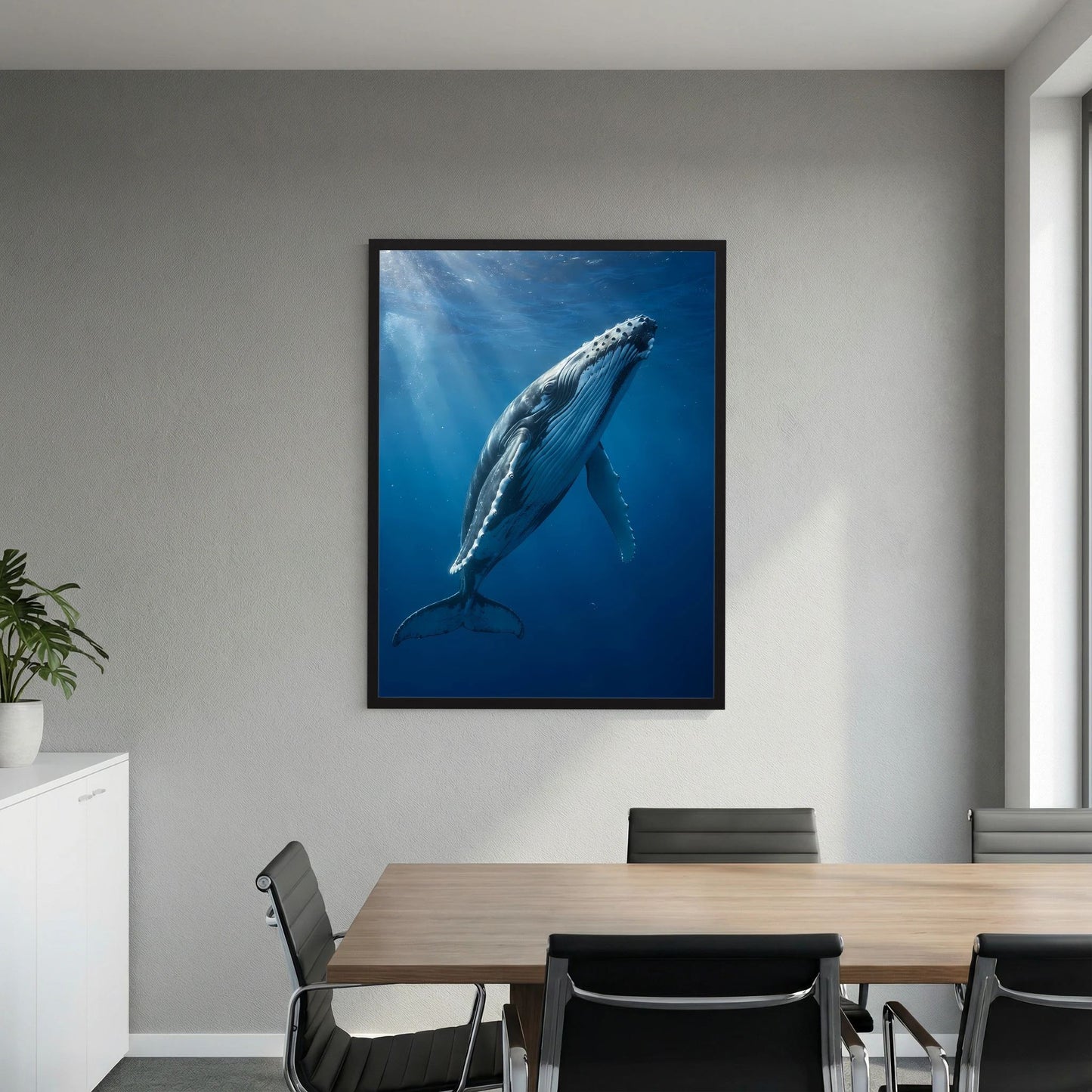 Poster mit Buckelwal unter Wasser im schwarzen Rahmen