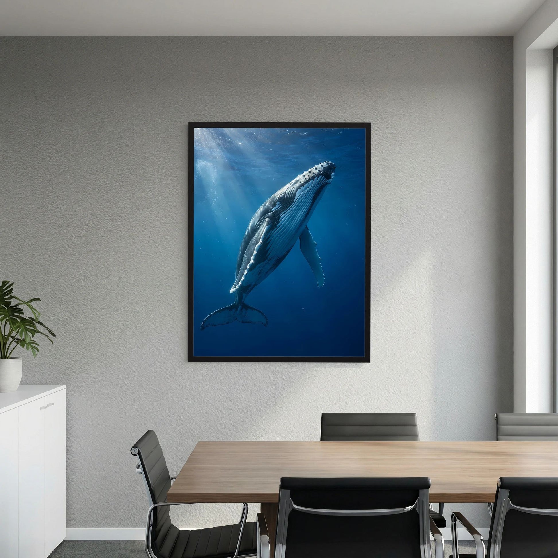 Poster mit Buckelwal unter Wasser im schwarzen Rahmen