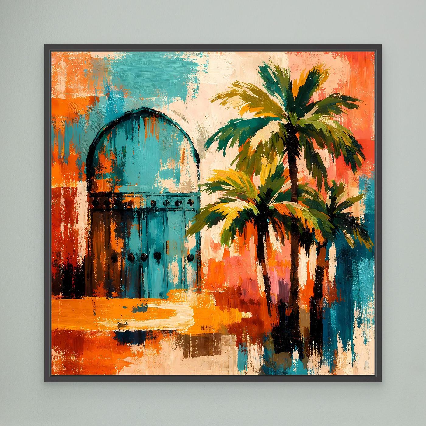 Wandbild mit abstraktem Tor und Palmen, Farbmix aus Orange, Blau und Grün, mit schwarzem Rahmen