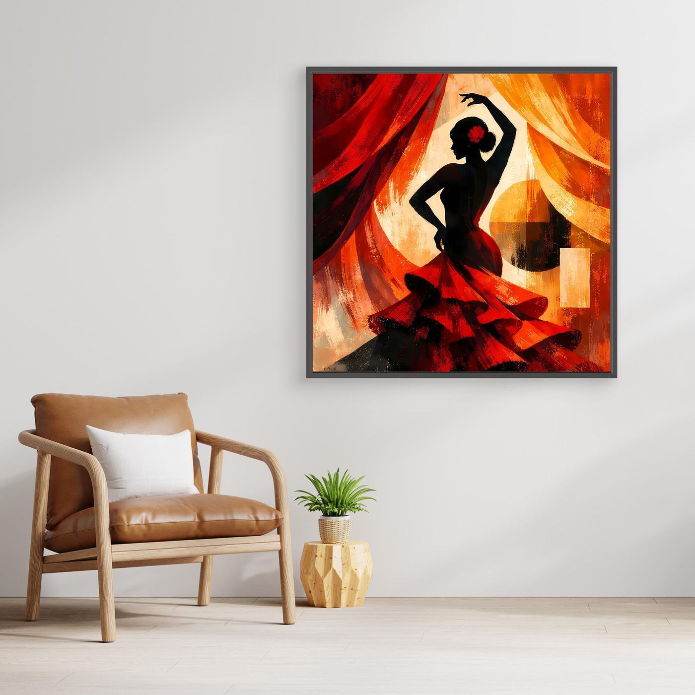 Gerahmtes Leinwandbild mit abstrakter Flamenco-Silhouette: schwarze Tänzerin, Rot-Orange-Kontraste