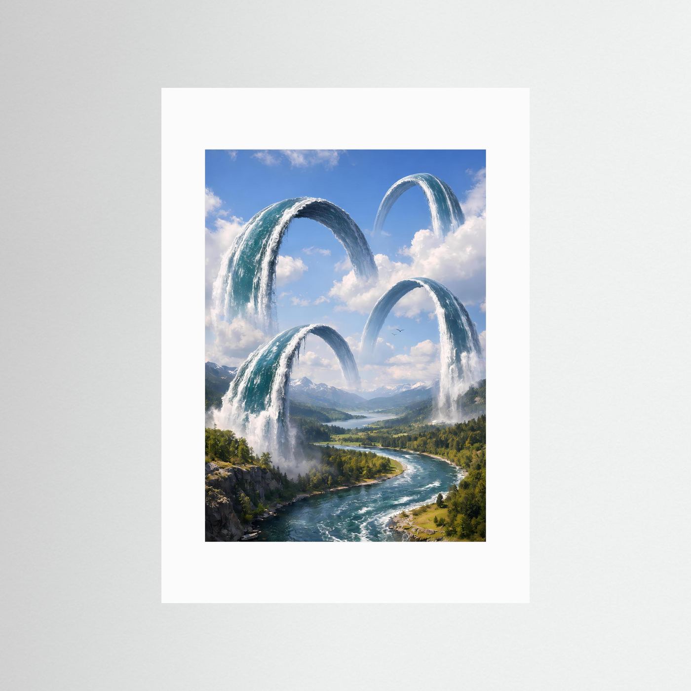 Kunstposter mit schwebenden Wasserbögen und Flusslandschaft, mit weißem Passepartout