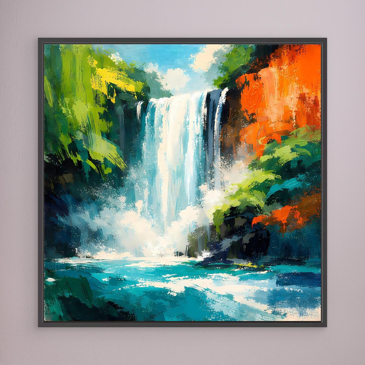 Leinwandbild mit tropischem Wasserfall im Dschungel, schwarzer Rahmen
