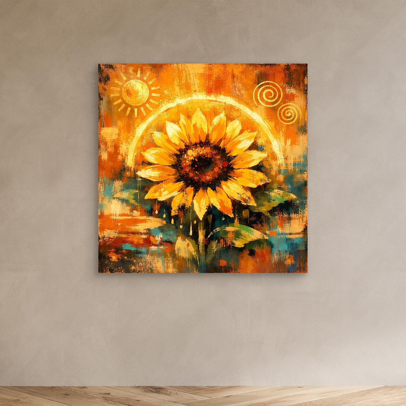 Abstraktes Leinwand-Wandbild mit goldener Sonnenblume und Kreisen, ohne Rahmen