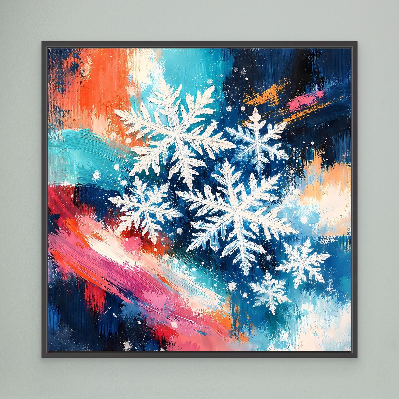 Gerahmtes Leinwandbild mit weißen Schneeflocken, dunkler Rahmen, blau-oranges Wintermotiv