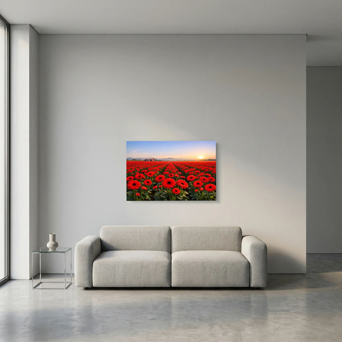 Wandposter mit roter Blütenlandschaft und Sonnenaufgang, kleines Querformat