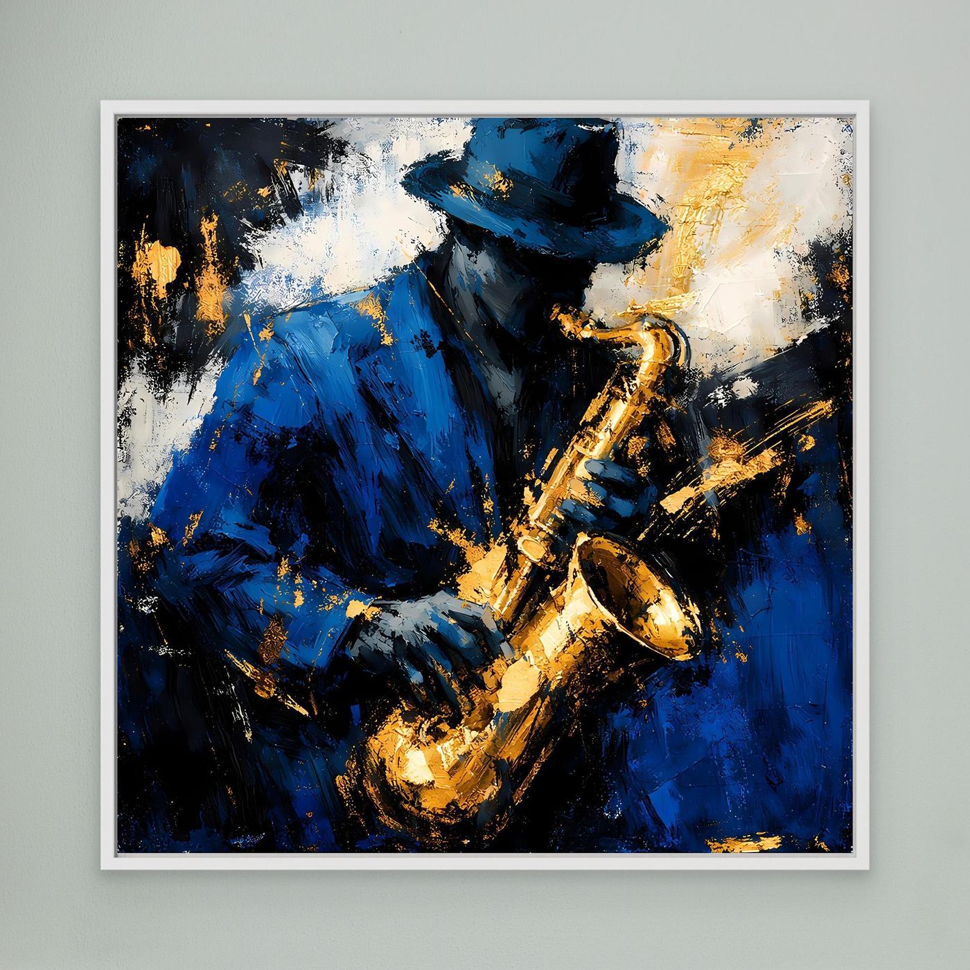 Leinwand Eleganter Jazz-Saxophonist in Blau und Gold | Abstraktes Musik Wandbild