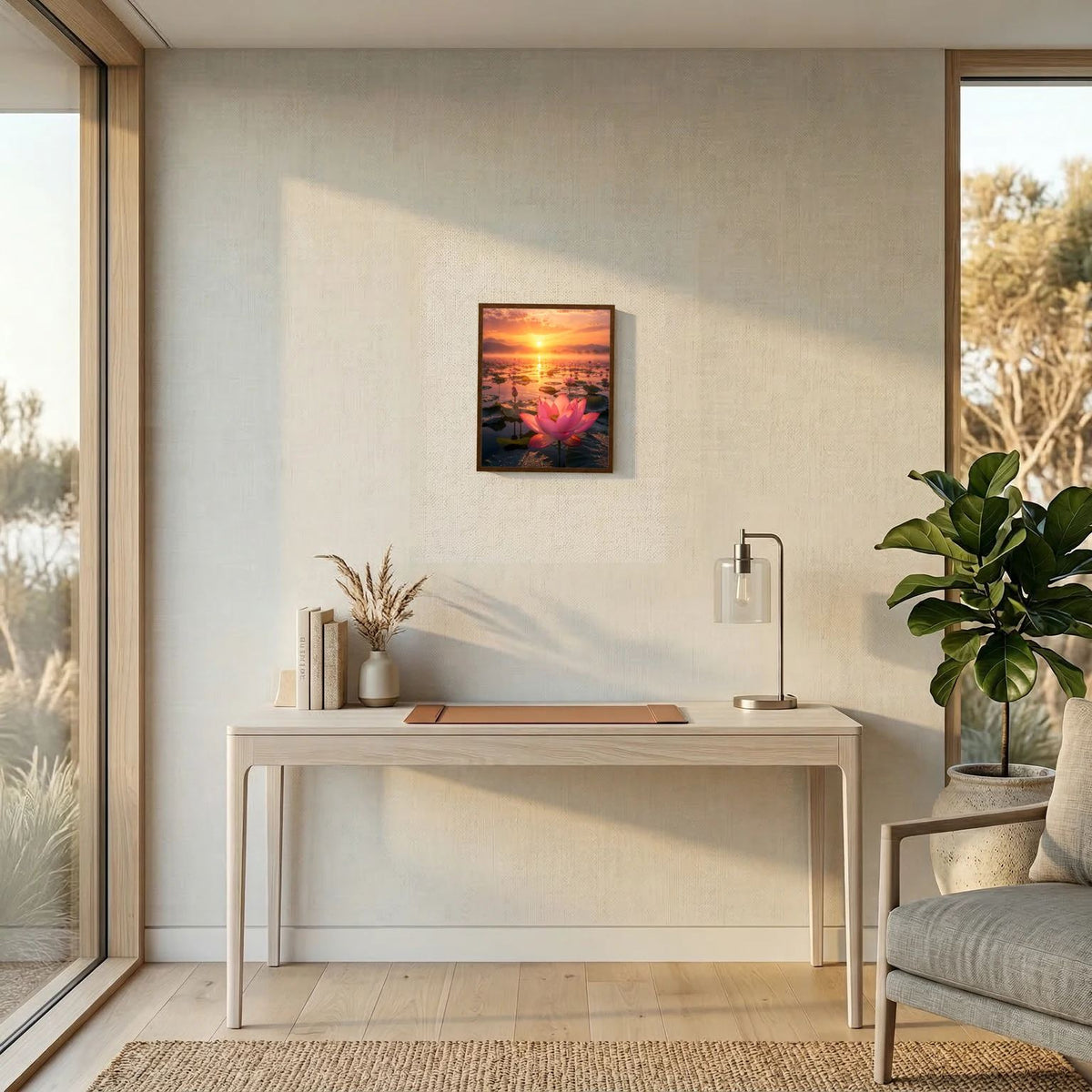 Kleines Wandposter mit rosa Lotusblüte und Sonnenuntergang, in dunklem Rahmen