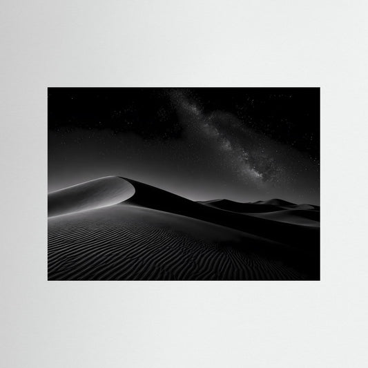 Querformat-Poster mit schwarzem Rahmen: Sanddünen bei Nacht und Milchstraße