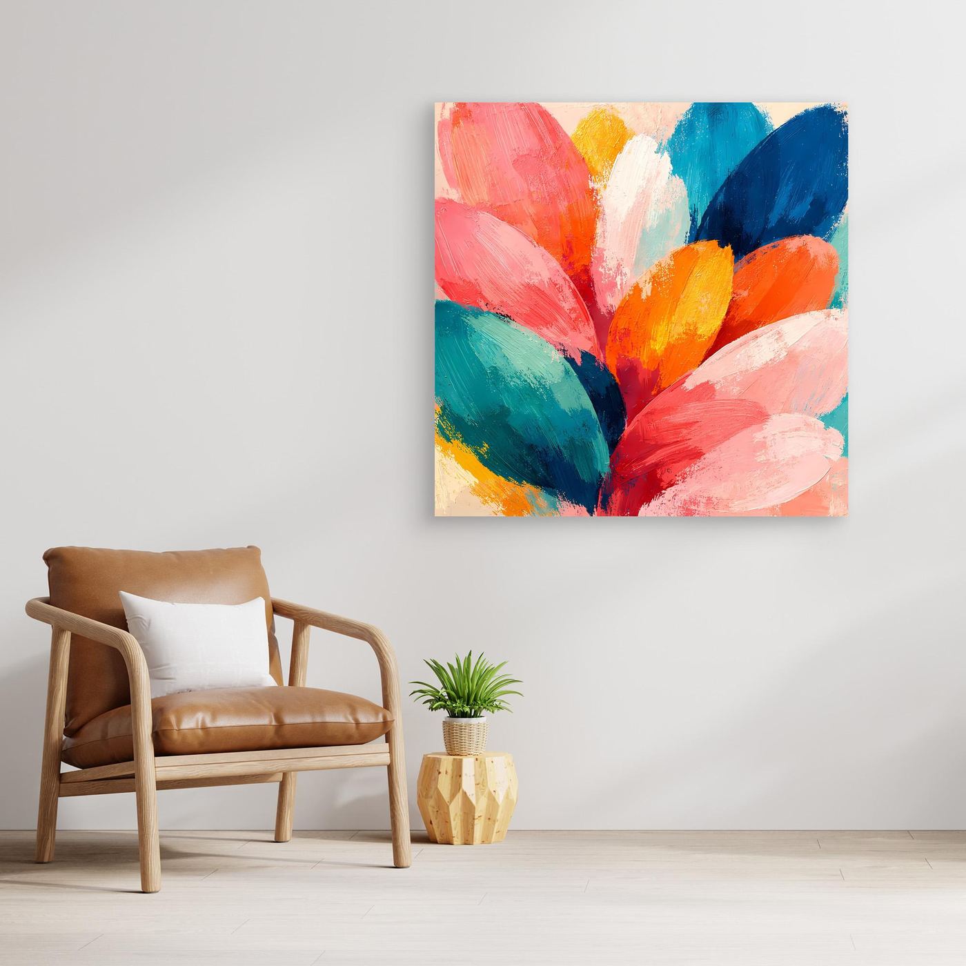 Blumen-Wandbild mit abstraktem Blütenmotiv, farbige Pinselstriche, ohne sichtbaren Rahmen.