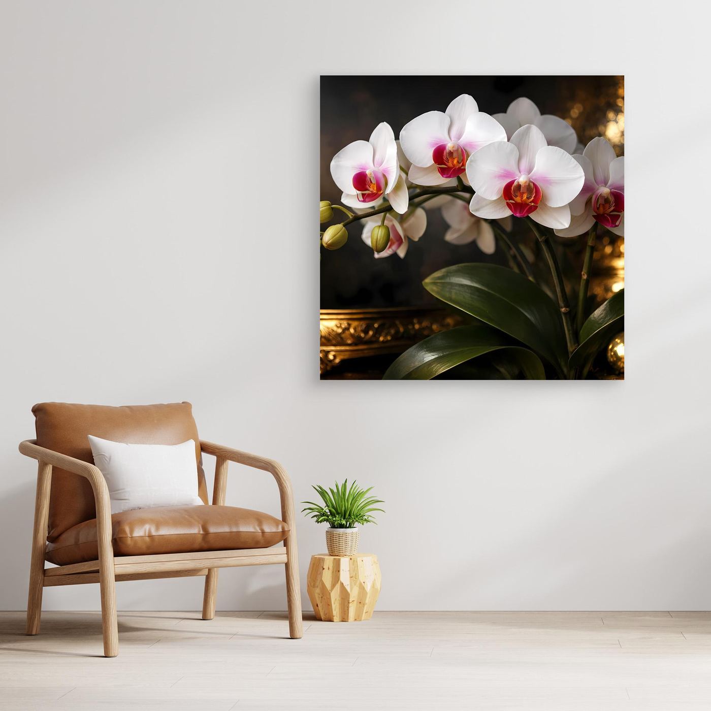 Orchideenblüten-Leinwandbild mit weißen Blüten und rosa Details, grüne Blätter im goldenen Rahmen