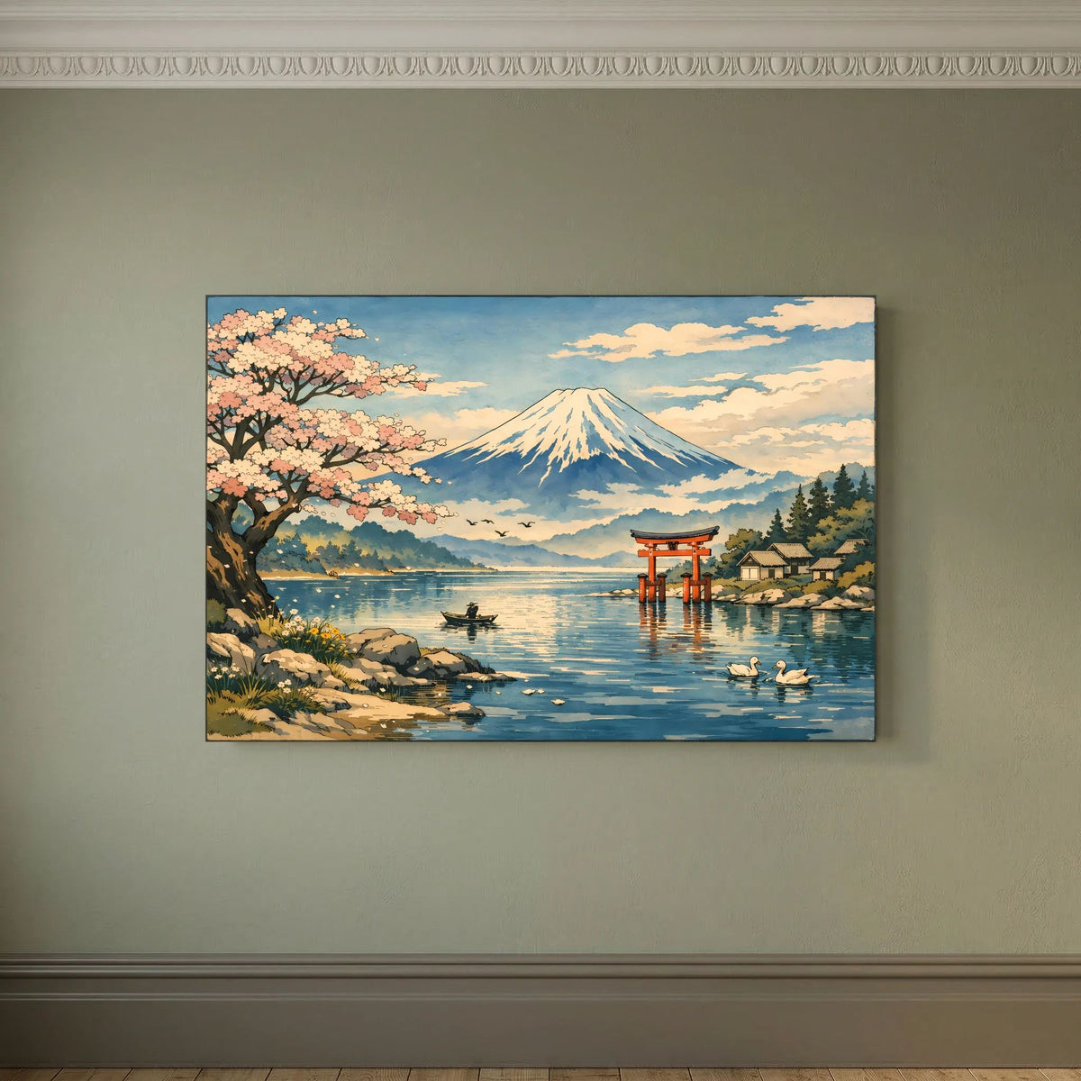 Querformatiges Wandbild mit Fuji-Landschaft am See, Kirschblütenbaum und Torii