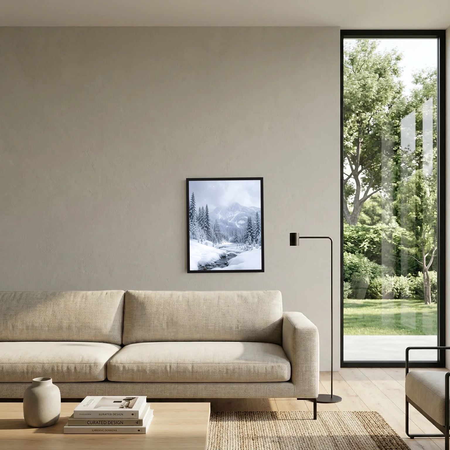 Gerahmtes Poster mit verschneiter Berg- und Tannenlandschaft an beiger Wand